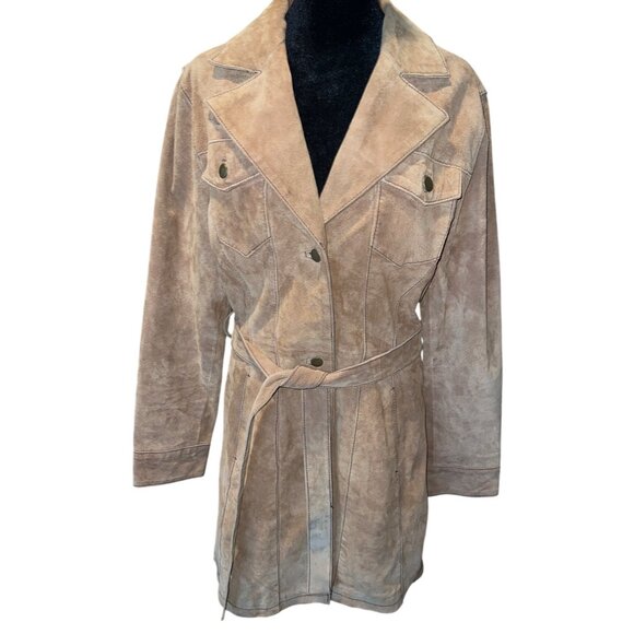 Vintage 90s y2k Wilsons Suede Leather Maxima Tan Blazer Button Down Midi Coat M - Picture 1 of 14